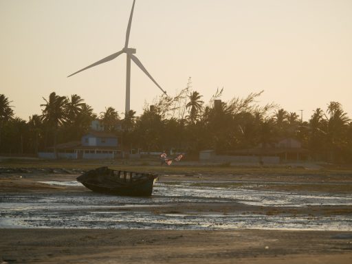 Ein alter Bootsrumpf steht im flachen Wasser, im Hintergrund ein Windrad und Bäume.