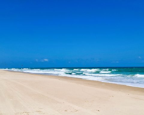 Ein sonniger Strand mit feinem Sand und sanften Wellen unter klarem blauen Himmel.